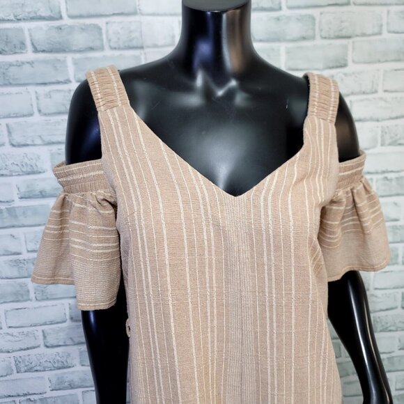 Moon River Womens S Taupe Muslin Cotton Wide Leg Cold Shoulder Jumpsuit‎ NEW - Picture 3 of 11